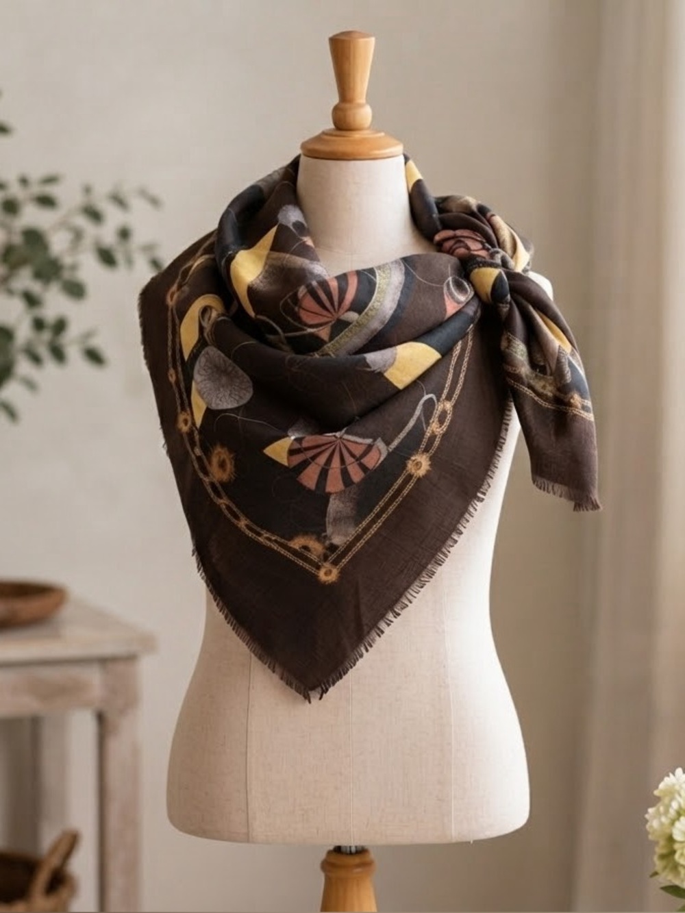 Vintage Pure Wool Brown Abstract Geometric Print Scarf Square Fringe